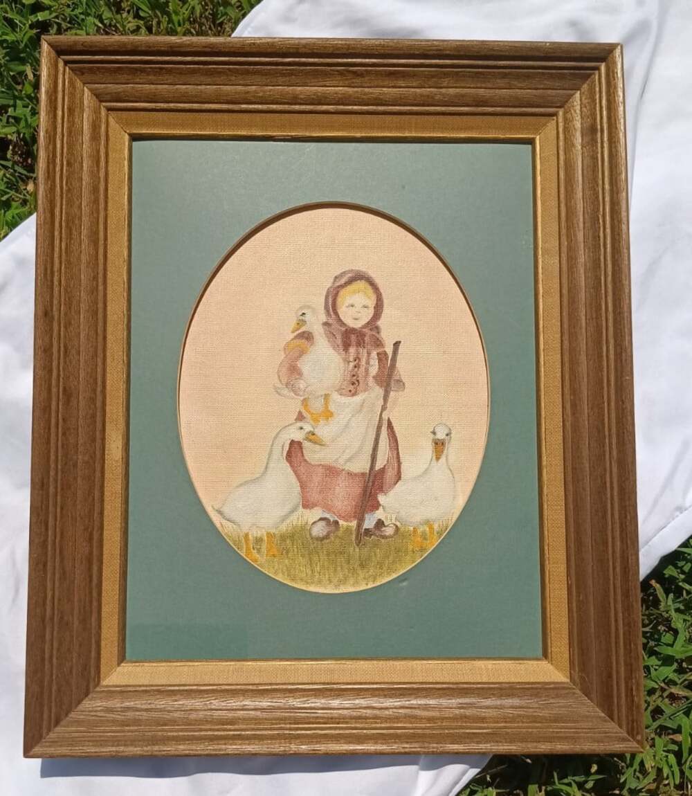Vintage Farmhouse Folk Art Oval Goose Print Framed Wall Art Green Matte Rustic